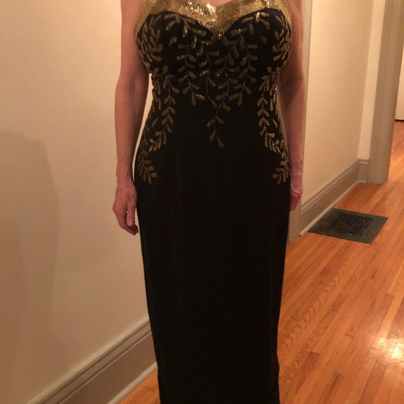 Designer one off long black dress with hand sewn gold beads - Picture 8 of 12